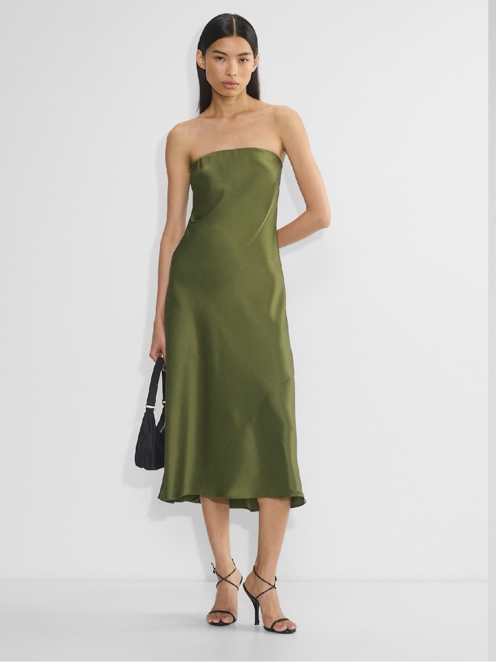Aritzia Olive Satin Strapless Midi Dress